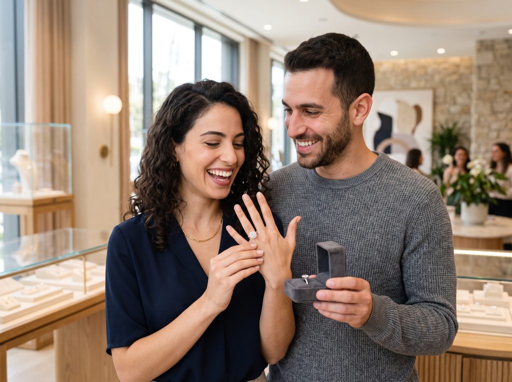 זוג ישראלי צעיר ומאושר מתבונן בטבעת אירוסין גדולה מיהלום מעבדה, משדר צרכנות חכמה